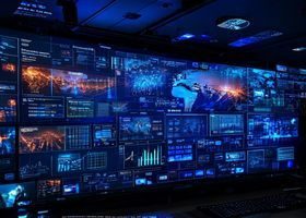 新闻编辑室内多屏显示全球突发重大事件实时动态，51大事件监控系统界面，蓝光环境专业感强